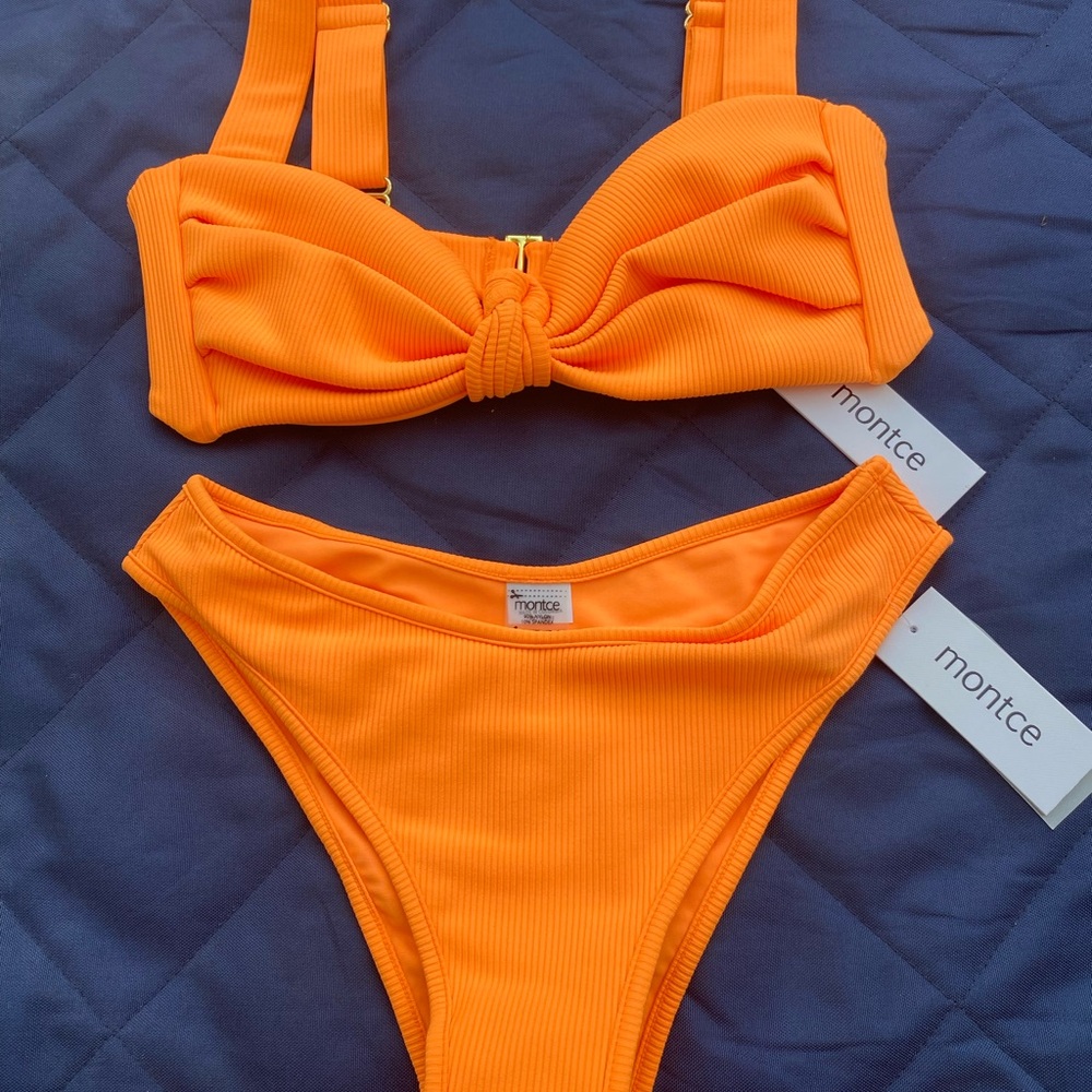 Montce Vibrant Orange Ribbed Knot Bikini